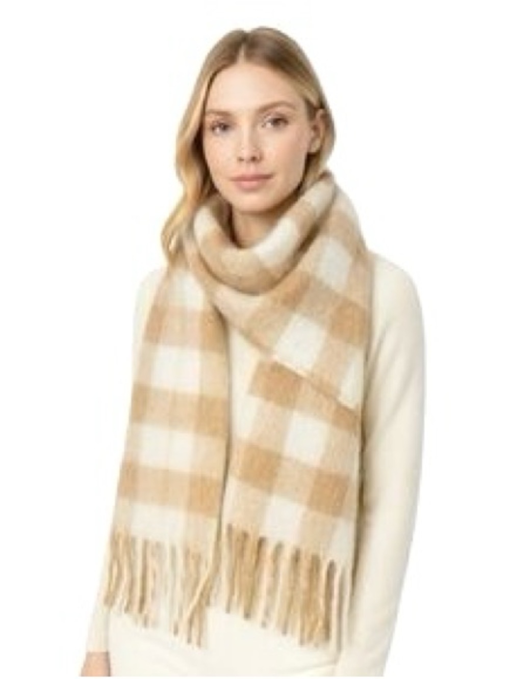 Steve Madden Beige and Cream Check Fringe Scarf